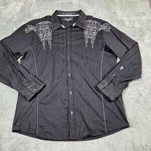Roar Signature Shirt Mens XL Black Embroidered Front Back Western Rock Cowboy